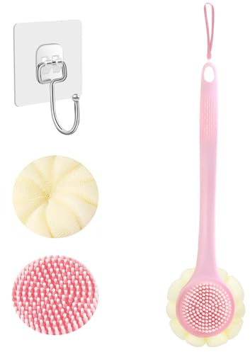 KXF Silicone Loofah Body Brush Scrubber 37cm Long Handle Double-Sided Shower Back Scrubber Bath Body Wash Brush with Soft Loofah and Stiff Silicone Bristles Gentle Exfoliating Skin Shower Exfoliator
