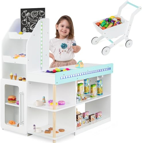 GOPLUS Juego de Supermercado para Niños, Juego Interactivo de Tienda con Carrito de Compras, Pizarra, Caja Registradora, Cinta Transportadora Móvil y Accesorios, Juguete de Mercado de Madera con Luces