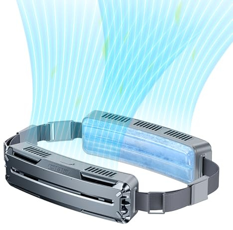 Denash Ventilateur de Taille Portable, évents Ultra Grand Angle, 3 Vitesses, Refroidissement Efficace, Chargement USB, Port Mains Libres, Batterie 5000 MAh, pour les Sports de Plein Air