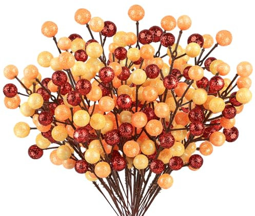 MACTING 24Pack Glitter Gelb Orange Rot Beeren Stiele, herbstdeko Künstliche Holly Beeren Zweige Deko Weihnachten für deko Herbst, Christbaumschmuck, Weihnachtsdeko, Adventskranz Deko, Autumn Decor