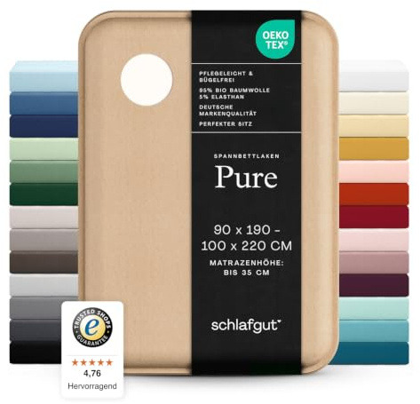 Schlafgut Pure Spannbettlaken 90x200cm bis 100x220cm - 95% Biobaumwolle, 5% Elasthan, Oeko-TEX Zertifiziert, Off-White, Matratzenhöhe bis 35cm | Bettlaken, Spannbetttuch 100x200, 90x190 bis 100x220 cm, Weiß, Mako Baumwolle Elasthan, bis 35 cm Steg