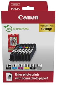 Canon PGI-530 + CLI-531 Original Druckerpatronen Multipack | Echte Canon Tinte - Pigmentschwarz plus Schwarz, Cyan, Magenta, Gelb und Grau - für PIXMA TS8750, TS8751 und mehr!