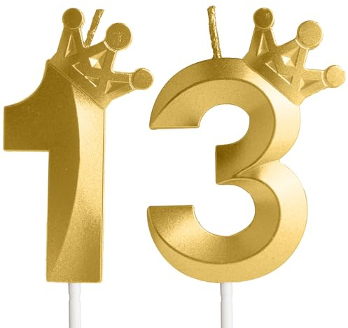 Hongplus Gold Number 13 Birthday Candle with Crown, Cake Candles, Cake Topper Decorations for Girls Boys Birthday Anniversary Party