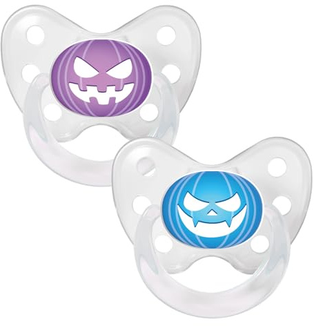 Dentistar Silikon Schnuller 2er-Set - Größe 3 ab 14 Monate - Zahn- & kieferfreundlicher Nuckel mit Dental-Stufe – BPA-frei – Made in Germany - Halloween Kürbis Lila & Blau