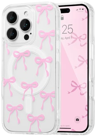 UEEBAI Magnetisch Hülle für iPhone 13 Pro Max, Rosa | Schleife Transparente Handyhülle mit Kabelloses Laden, Kameraschutz Anti-Vergilbung Schutzhülle, Stoßfeste Bumper Cover Case