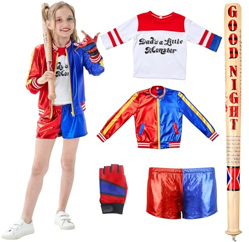 Udekit Costume Cosplay da Super Eroe con Mazza da Baseball in PVC Morbido, T-Shirt, Giacca, Pantaloni e Guanti per Harley Bambino Adolescente Ragazza Grande