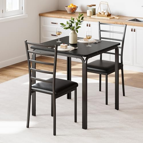 OPULENTHOME Esstisch mit 2 Stühlen, Essgruppe mit gepolsterte Sitz, Esstisch Set, Tisch Küche, Kleiner Esstisch mit Holzmaserung, Metallbeine, für Küche Esszimmer, Wohnzimmer, Schwarz