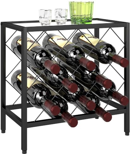 HOMCOM Botellero Vino para 10 Botellas Botellero con Encimera de Vidrio Templado y Marco de Acero para Salón Comedor 41x22x41 cm Negro