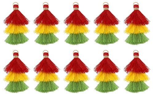 QUARKZMAN 10 Stück Winzige Dreischichtige Quasten 1,6 Mini Quaste Taschenanhänger Böhmische Handgefertigte Quasten Schlüsselanhänger für DIY Projekte Schmuckherstellung (Rot/Gelb/Grün)