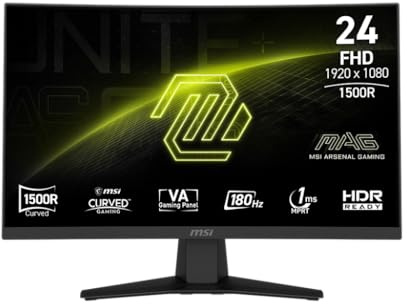 MSI MAG 244C - Monitor da gioco da 24, 1920 x 1080 (FHD), 180 Hz, Adaptive-Sync, HDMI, DisplayPort, montaggio VESA, inclinabile, regolabile in altezza, altoparlante, 1 ms, nero