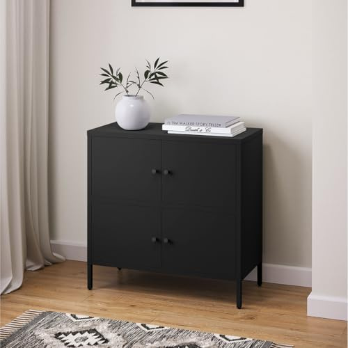skølm Atriona Kommode 80 cm, mit 2 Fächern, Schwarz, Sideboard mit 4 Türen | Metallschrank, Kleiner Mehrzweckschrank breit, höhenverstellbare Füße, Aufbewahrungsschrank, Wohnzimmerschrank, Flurschrank