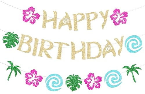 2 Stück Hawaiianisches Moana-Geburtstagsbanner, Party-Dekoration, glitzerndes Gold für Happy Birthday, tropisches Luau-Party-Zubehör, Sommer-Strandurlaub, Geburtstagsparty-Dekor