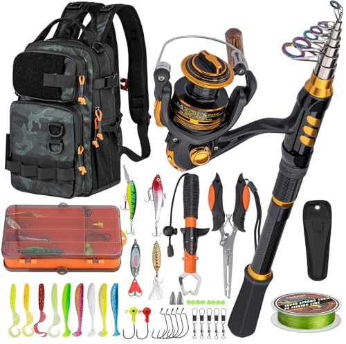 THKFISH Combo de caña de Pescar y Carrete con Mochila, Kit de Carrete Giratorio telescópico de 6 pies con señuelos de Pesca, alicates y Agarre de Labios de Pescado para Adultos, Camuflaje