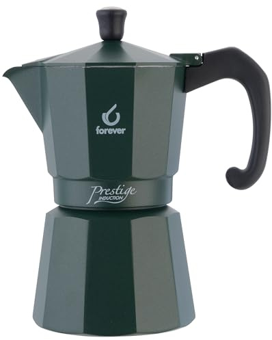 FOREVER Caffettiera Moka per Induzione, Miss Moka Prestige Induction 'All Green', Caffettiera Moka per Casa, Caffettiera Portatile per Viaggio, inclusa Guarnizione in Silicone (6 Tazze)