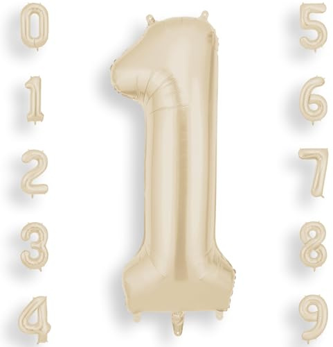AOOSU Geburtstag Zahlen Luftballon 1 Beige, 40 Zoll Geburtstagsdeko Ballon 1, Riesige Folienballon Weiß Creme Helium Ballons für Männer Frauen Geburtstagsparty Deko, Jubiläum 1 Jahre Deko