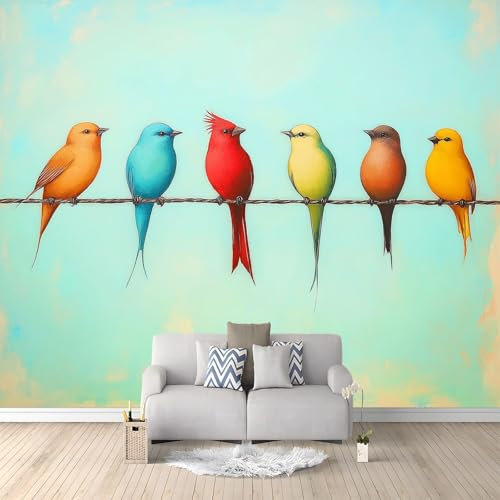 Carta da parati fotografica vintage minimalista con sette uccelli su filo, 200 x 140 cm, grande sfondo per TV, blu pallido in tessuto non tessuto 3D, per soggiorno, camera da letto, decorazione poster