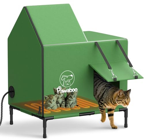 Pawaboo Unzerstörbar Beheizt Katzenhaus Outdoor in Winter, Wetterfest Katzenhöhle für Draußen mit Wasserdichter Markise & Heizung, Erhöht Isoliertes Katzenhaus für Draussen Streuner Wildkatze