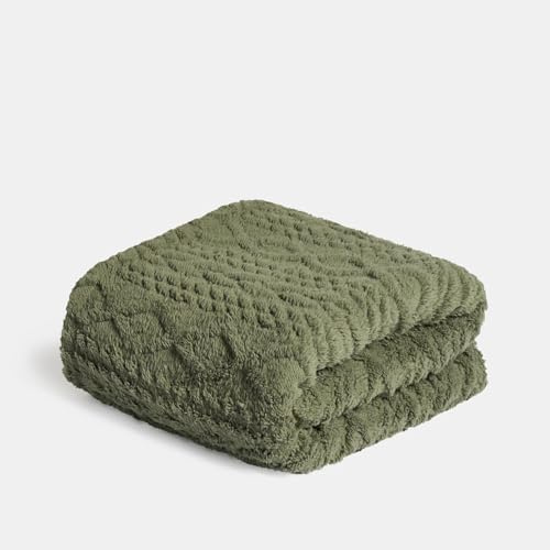 OHS Sherpa Fleece Throw Blanket, Ultra Soft Warm Cable Knit Design Fleece Blanket for Bed Sofa Couch Lightweight Fluffy Reversible Double Bed Throw, Woodland Green - 130 x 160cm