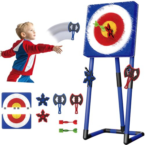 Axe Throwing Game Set, 3-in-1 Axe Throw & Lawn Dart Combo Backyard Game Set with 2 Six-star Darts, 2 Axes and 2 Darts, Dart Game Dart Board Sturdy Frame for Outdoor, Family Parent-child blue Square