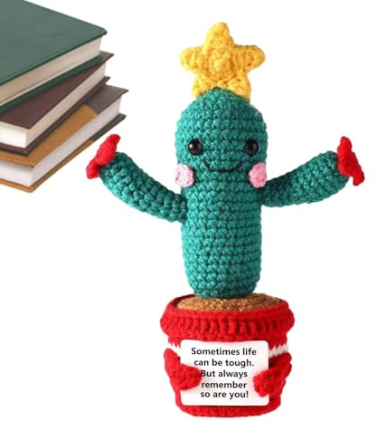 Cactus con animali positivi all'uncinetto – Peluche lavorato a maglia fatto a mano, giocattolo emotivo edificante, figura in filato morbido, bambola decorativa ispiratrice, simpatico regalo di support
