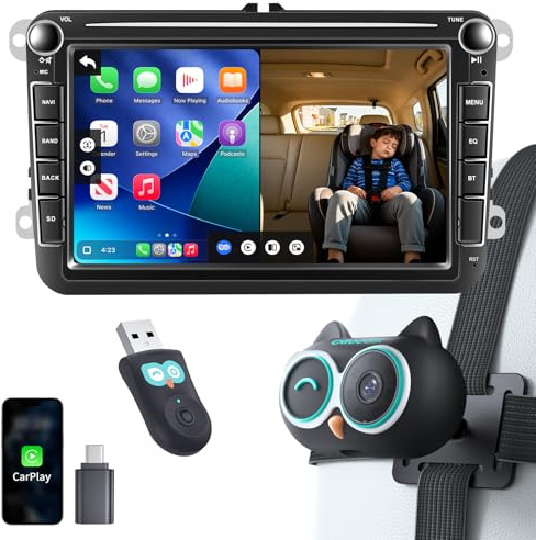 OTTOCAST Cabin Care 2026, CarPlay Inalámbrico + Cámara Trasera de Seguridad para Bebés/Mascotas, 1080P, IR Visión Nocturna, Ultra Gran Angular 150°, Compatible iOS 10+ y Coches con Carplay Desde 2016