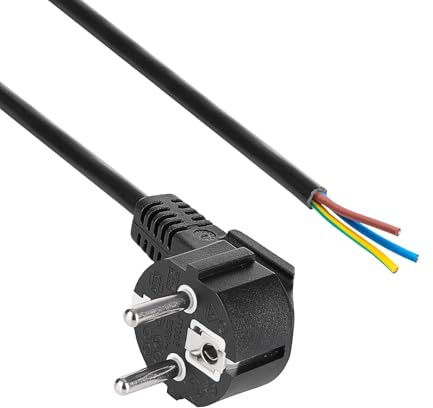 Akyga Netzkabel AK-OT-01S Kupferdraht 3x1,5mm² Schutzkontakt-Stecker Typ E+F (CEE 7/7, gewinkelt) an abisolierte Enden, Stromkabel zum Konfektionieren 1.5 m Schwarz