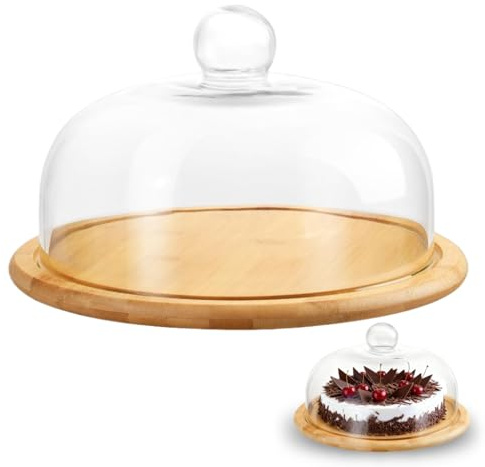 Siocok Cake Stand with Dome Lid, Wood Cake Plate with Clear Glass cover | Cake Display Stand, for Birthday Wedding Party, Cakes, Pastries, Cheese, pizza, Appetizer, Display Server Tray