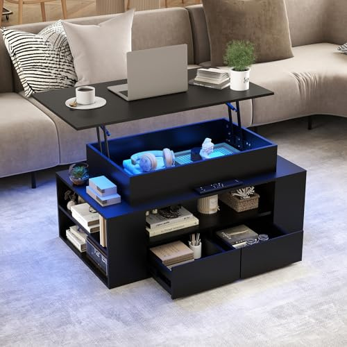YU YUSING Couchtisch Höhenverstellbar mit Stauraum und LED, 2 Schubladen | Wohnzimmertisch mit Verstecktem Fach, Beistelltisch Umwandelbar in Esstisch, 90x50cm Sofatisch für Wohnzimmer, Schwarz