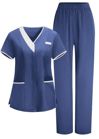 KHIRVWL Divisa Sanitaria Donna Divisa Infermiere Set con Casacca e Pantalone con Scollo A V Top Casacca Manica Corta Camice da Laboratorio Clinica Cameriera Etichetta Camicia Uniformi Medica Estiva