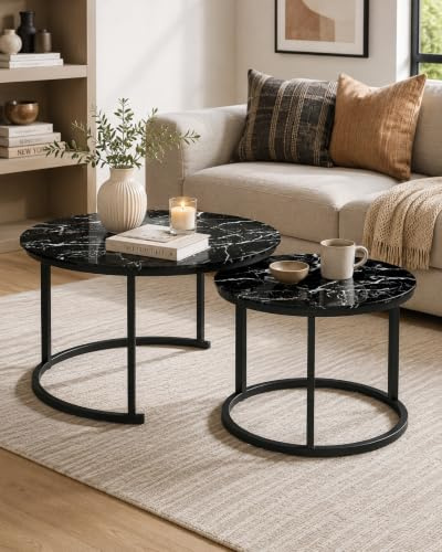 Amveya Couchtisch Rund Schwarz 2er Set, Wohnzimmertisch Rund Glastisch, Coffee Table mit Schwarz Marmoreffekt, Beistelltische fürs Wohnzimmer mit schwarzem Rahmen, Breite 70+50 cm
