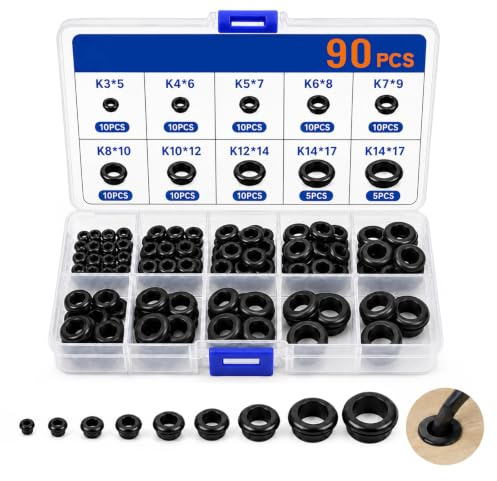 JOVYTH Pasacables de Goma 90 Piezas, Ojales Protectores de 9 Tamaños 3-14 mm con Caja de 10 Compartimentos para Cableado y Orificios, para Hogar, Oficina, Taller, Mantenimiento y Uso Diario