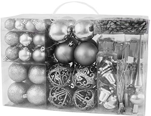 BRUBAKER 101-teiliges Set Weihnachtskugeln mit Baumspitze Silber Christbaumschmuck