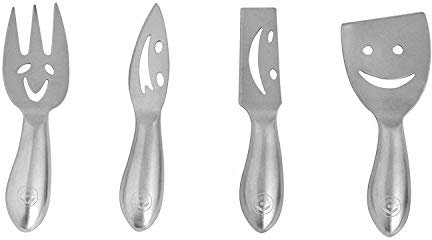 NewlineNY Stainless Steel 4-Piece Smiling Faces Cheese Knife Set: Hard & Soft Cheese Knives, Serving Fork & Spreader