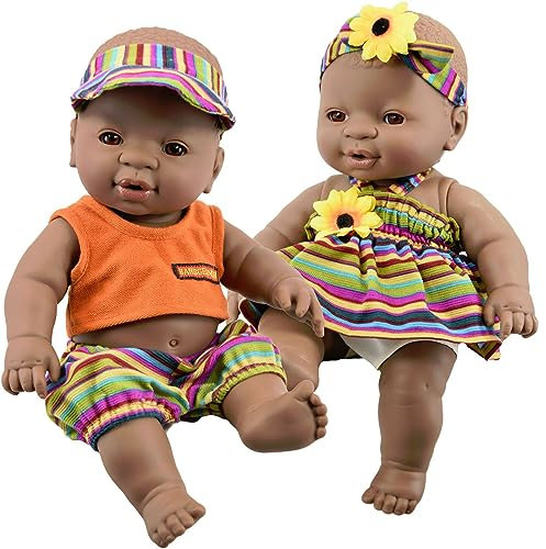 The Magic Toy Shop Bibi Doll - 12 Realistic Lifelike Vinyl Black Dark Skin Twin Dolls Ethnic African Style Baby Doll, Anatomically Correct