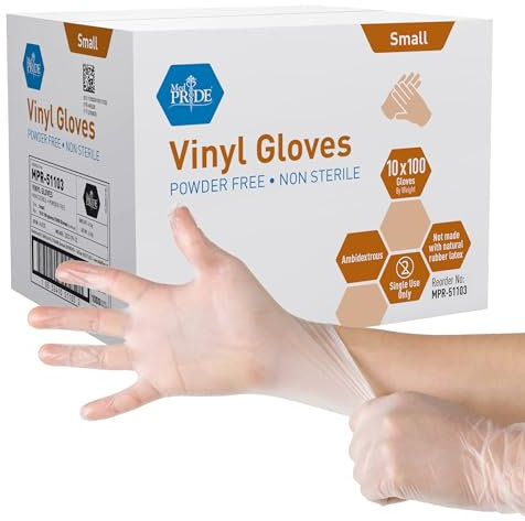 MED PRIDE Vinyl Gloves,4.3 Mil,Powder-Free,Disposable,Small,Case of 1000