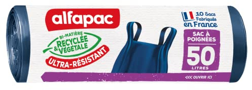 alfapac - Sacs Poubelle à Poignées - Ultra-Résistants - Bi-Matière Recyclée & Végétale - Antifuite - Fabrication Française - 10 x 50L, Bleu