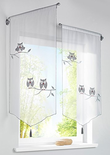 Yaland Voile Scheibengardine Panneaux mit Stickereien Eulen Muster Stangendurchzug Fenster Gardinen (BxH 40x60cm) 2 Stücke
