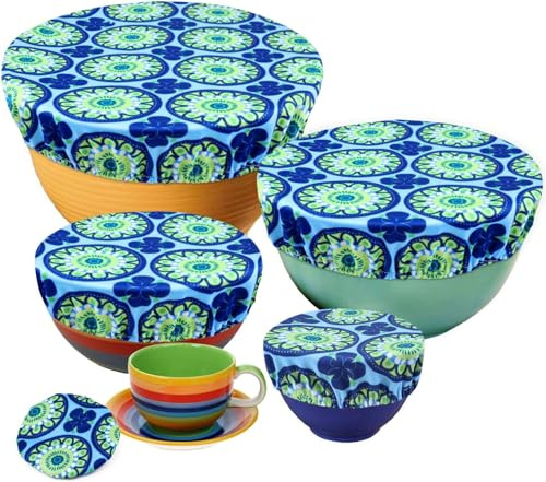PHOGARY Tapas Riutilizzabili Ecologiche per Contenitori di Alimenti - 5 Coperchi di Tela Regolabili per Conservazione Consapevole, Fiori A