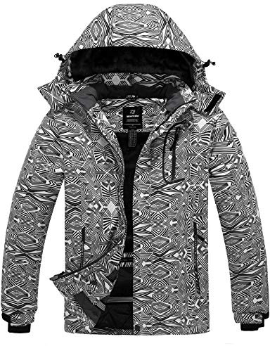 Wantdo Herren Winterjacke Outdoor Kapuzenjacke wasserdichte Skijacke Atmungsaktive Wanderjacke Winddichter SchneeMäntel Verdickte WinterMäntel Schwarz M Weiß XL