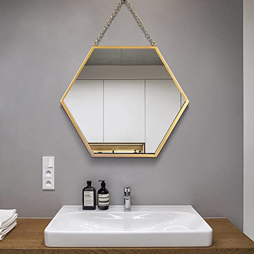Hosoncovy Wandspiegel mit sechseckigem Metallrahmen, dekorativer Spiegel mit Kette, Schminkspiegel, Kosmetikspiegel für Badezimmer, Wohnzimmer, Schlafzimmer (L)