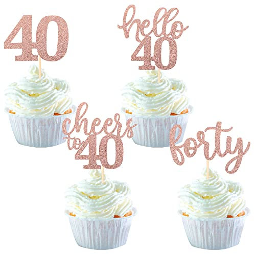 SYKYCTCY 36Pack 40th Birthday Cupcake Toppers Glitter Cheers to 40 Cake Toppers Hello 40 Forty Cupcake Picks for 40th Birthday Anniversary Party Cake Decoratons Supplies Rose Gold