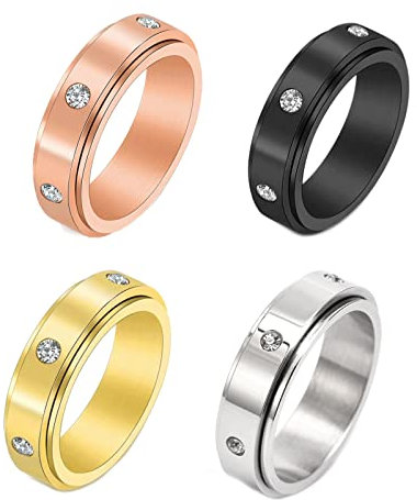 Mesnt Ring Vergoldet Damen, Zirkonia Angst Fidget Spinner Ring Schwarz, Silber, Gold, Roségold Größe 62 (19.7)