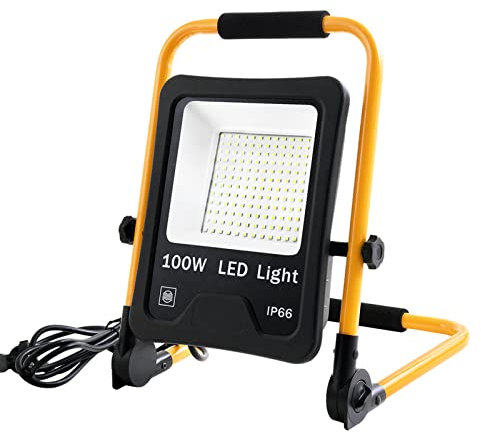 UISEBRT Faretto LED da Cantiere 100W 8500LM, Faro LED Portatile Proiettore LED Impermeabile IP66 con Staffa Pieghevole per Officina Cantiere Garage Esterno, Bianca Freddo