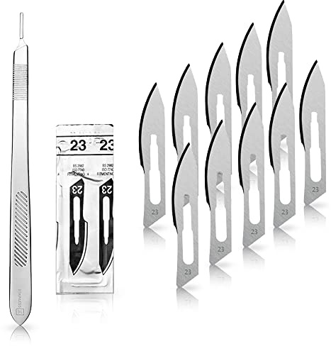 May Set: 10 Skalpellklingen Fig. 23 & Skalpellhalter 21 cm | 10x sterile Einwegklingen Fig. 23 aus Karbonstahl inkl. Edelstahl-Halter Nr. 4 (21 cm)