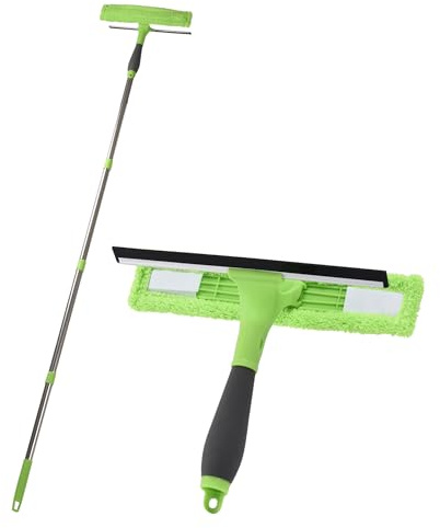 EasyGleam Window Cleaner 2in1 Telescopic Cleaning Kit with Squeegee - Includes Brush 4 Poles & Extension (170cm L) for Washing - Tool for Conservatory Roof, Bathroom, Glass Cleaning - Green
