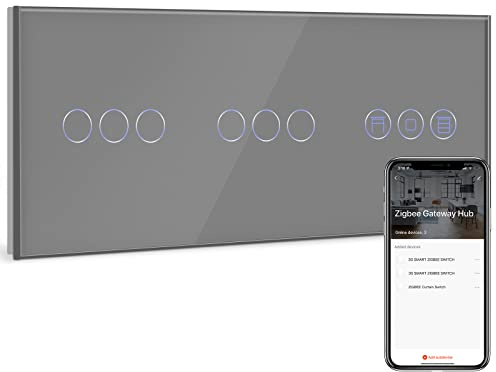 BSEED Smart ZigBee Lichtschalter mit Rolladenschalter, Doppel 3 Fach Smart Home ZigBee Schalter mit Zigbee Rolladensteuerung arbeitet mit Smart Life/Tuya, Alexa und Google Home Grau (Hub erforderlich)