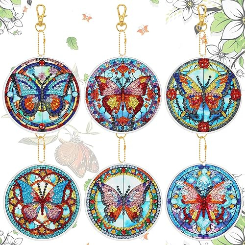 JSRQT 6 Stück 5D Schmetterling Diamant Malerei Schlüsselanhänger, Doppelseitiger DIY Diamond Art Painting Keychian, Mosaik Diamant Handwerk Anhänger Strass Stickerei Schlüsselbund für Frauen Mädchen