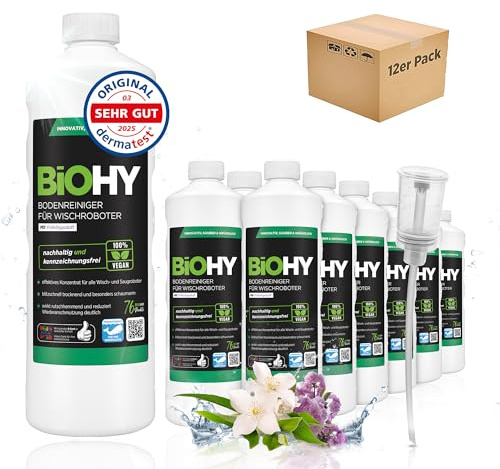 BiOHY Bodenreiniger für alle Wischroboter mit Frühlingsduft (12 x 1 Liter) + Dosierer | Schaumarm & Streifenfrei | Reinigungsmittel Konzentrat für alle Böden
