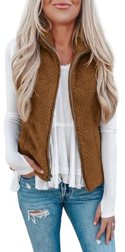 Rapbin teddy fleece väst dam, höst vinter varm ärmlös västar pälsjacka & lätt ledig enfärgad damväst höstrock, BRUN, XXL