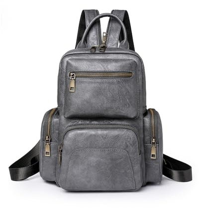 DokinReich Rucksack Damen Klein Rucksack Schulrucksack Fahrradrucksack PU Leder Wanderrucksack Damen Schultertasche (Grau)